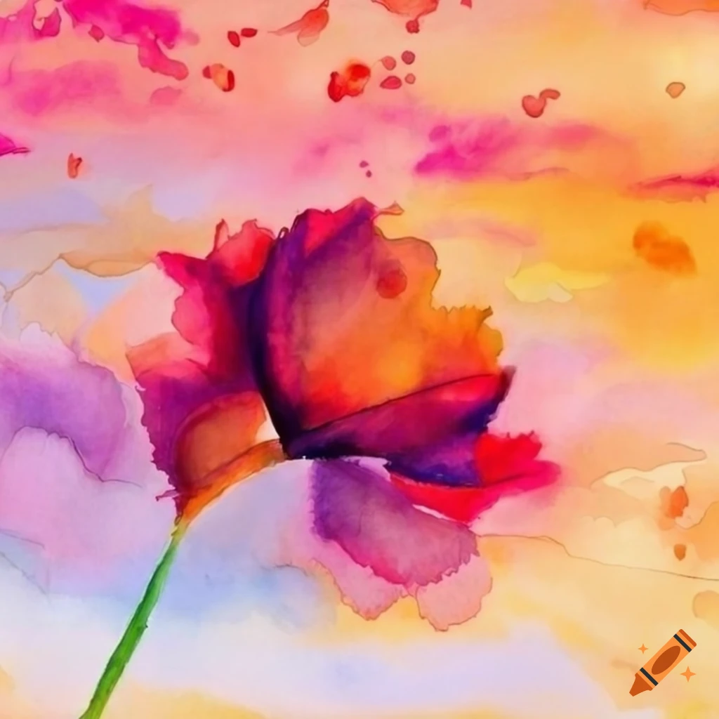 Watercolor, realistic beautiful colored flowers, sunset background