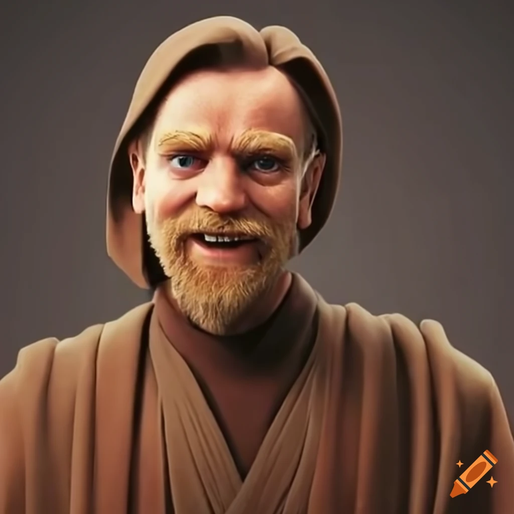 Obiwan kenobi during good times smiling showing teeth in brown jedi