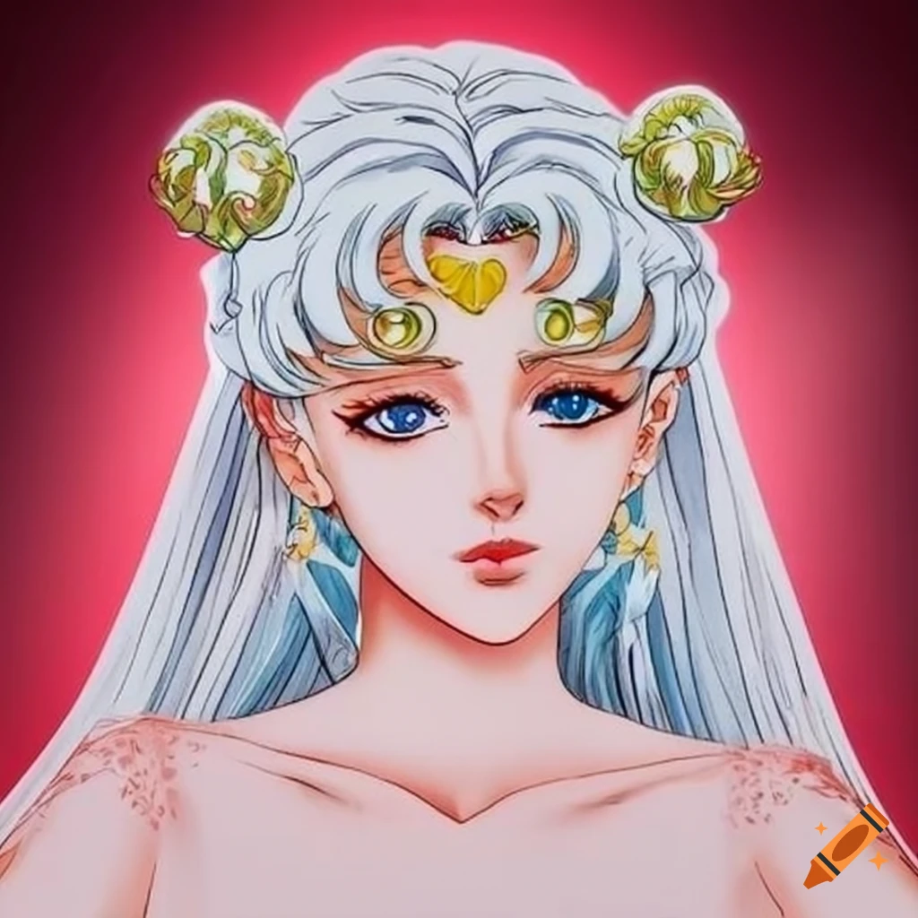 White haired sailor moon as neo queen serenity in roses on Craiyon