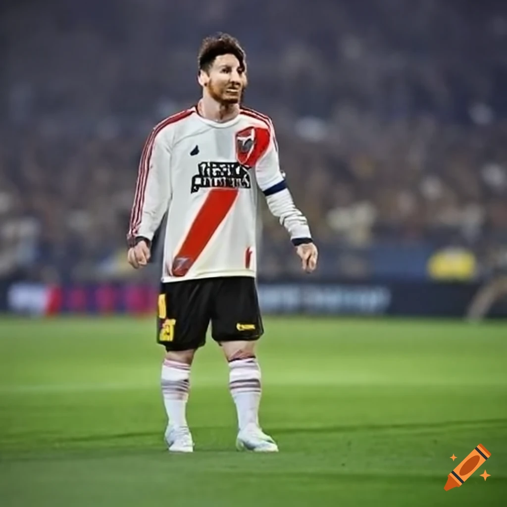 An image depicting lionel messi wearing the river plate jersey with a  9/12 sign, referencing the historic copa libertadores final. the image  shows messi standing in the boca juniors stadium, with the