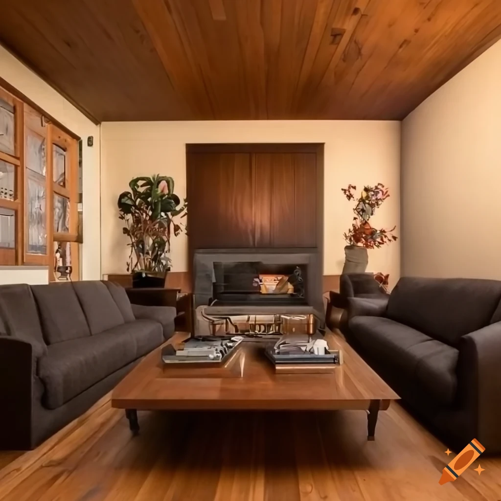 Living room with white walls, wood ceiling on Craiyon