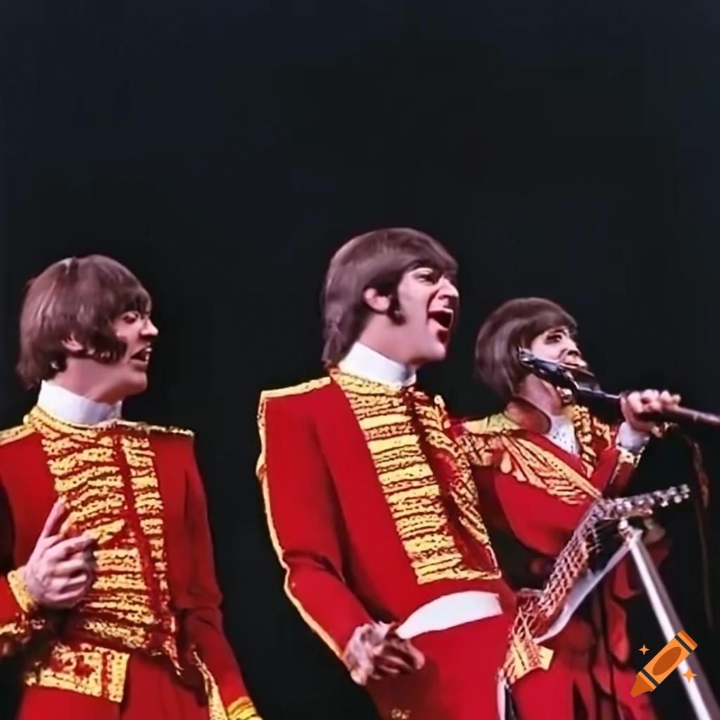 Beatles performing in concert in june 1967 wearing their iconic sgt pepper outfits