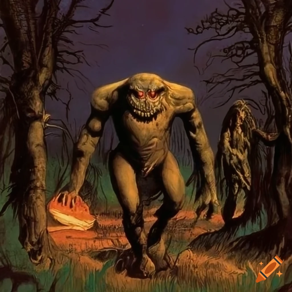 80's dark fantasy art, retro sci-fi art 1970-1980. giants walking on swamp grasslands