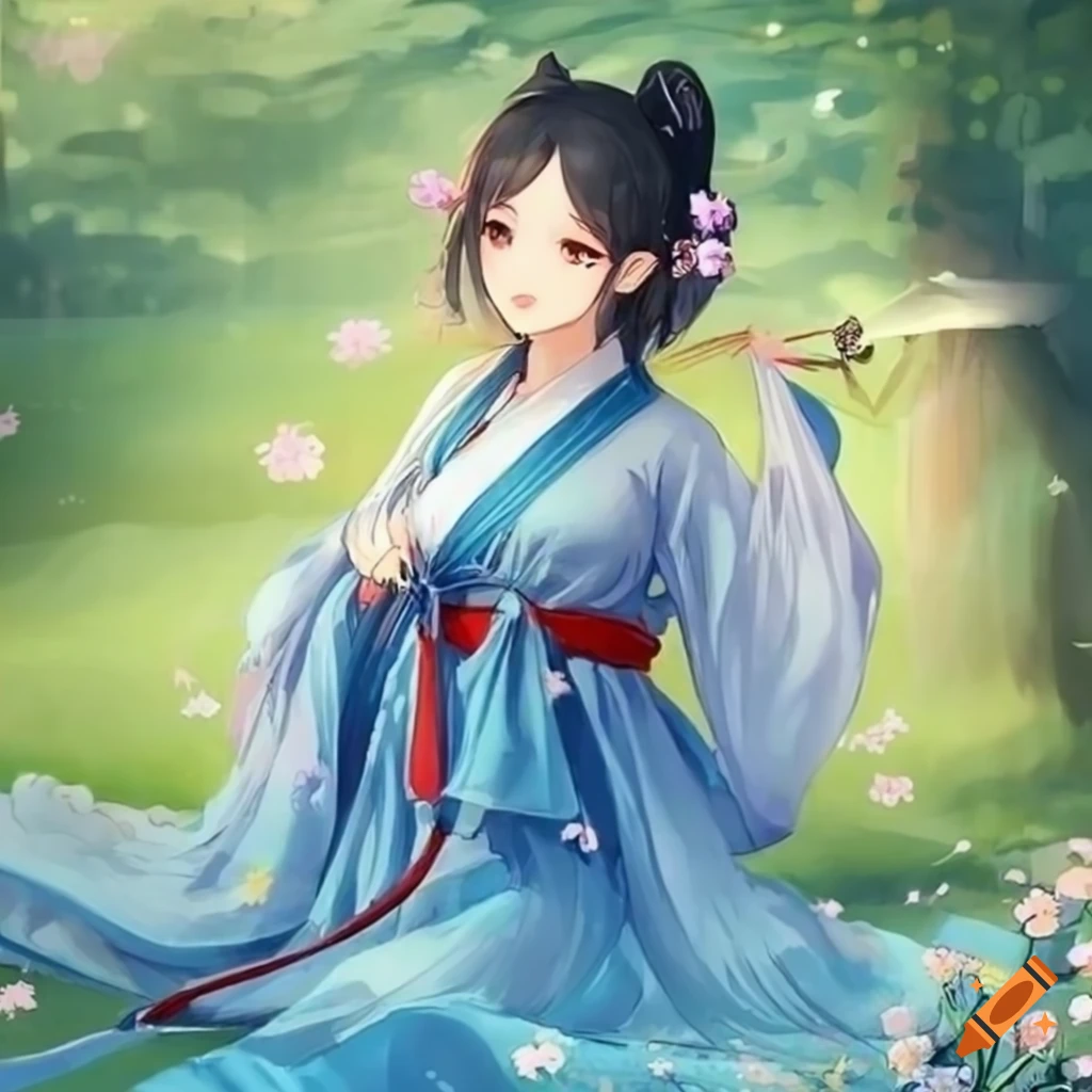 Ancient Chinese anime little girl with long black hair and about 10 years  old wearing red Hanfu, red flower 1.3 (crying expression 1.5) (head down  and tears 1.5) (tears 1.8) (open mouth