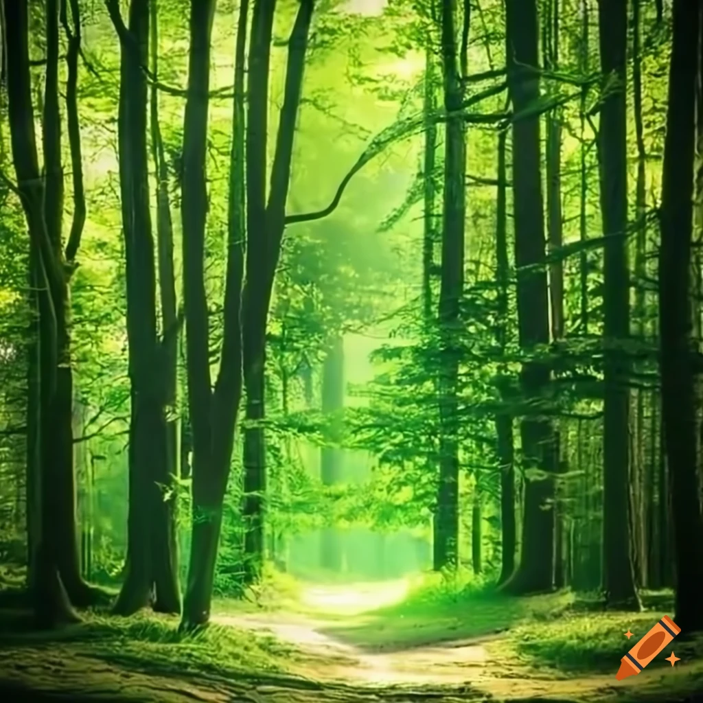 Create the photo of a bright green forest in the sunshine on Craiyon