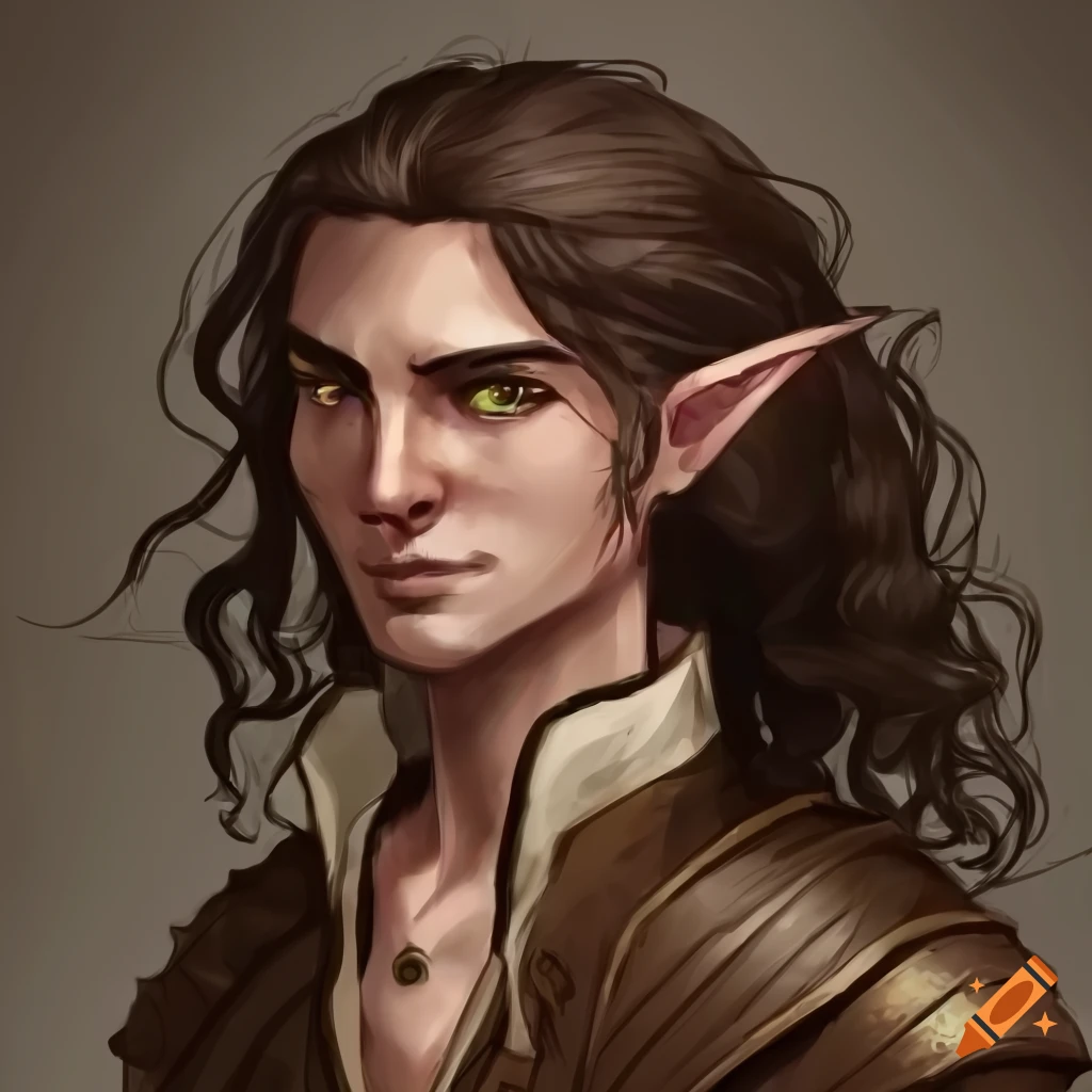 Dnd character, bard, elf, young adult, male, shoulder long dark brown ...