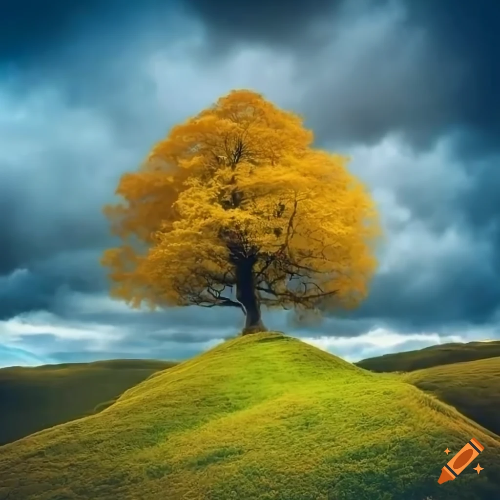 A lush golden tree centered on a hill with blue skies and stormy clouds ...