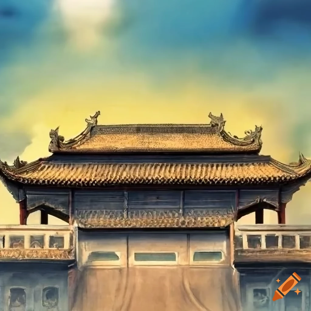 Chinese sumie ancient times town imperial court