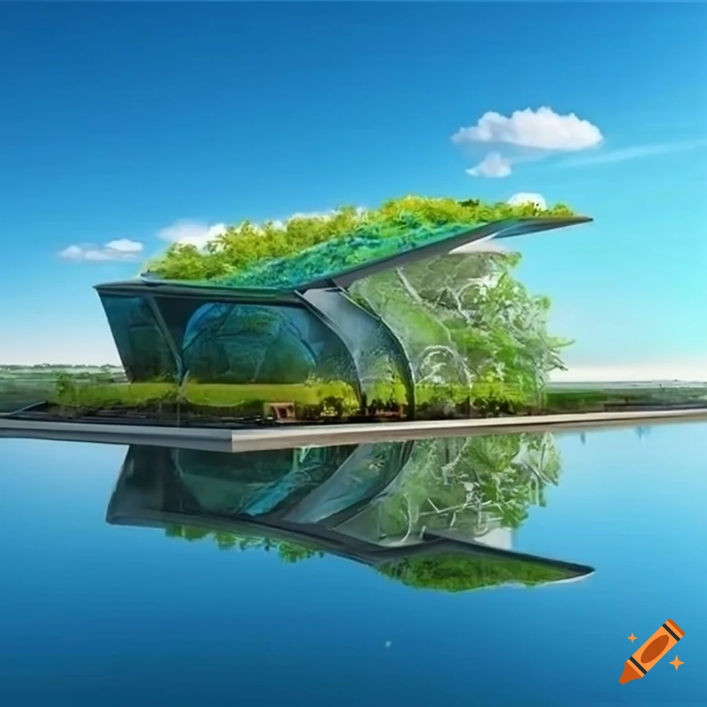 Futuristic floating platform hydroponic gardens on a river with colored ...