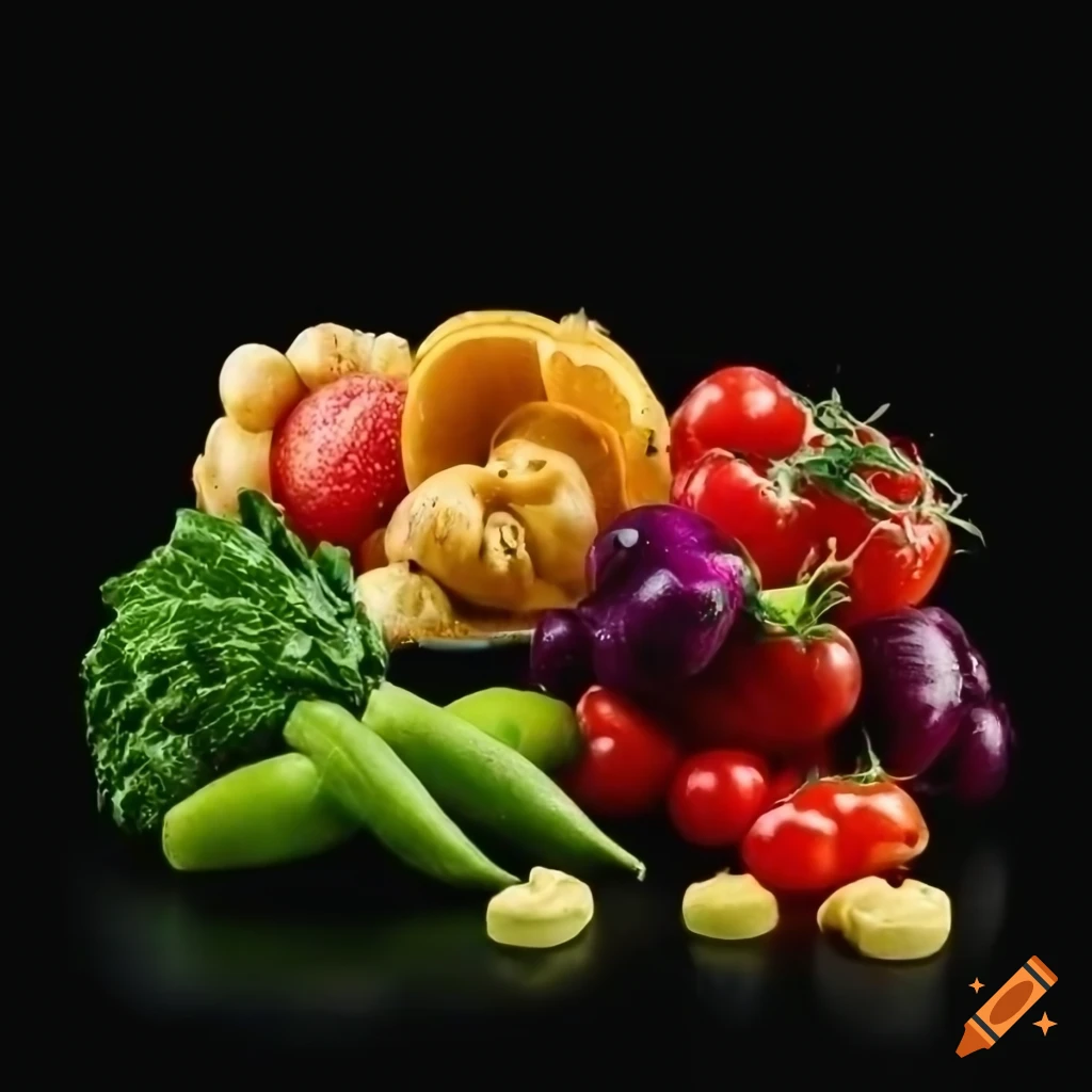 Live vegetables, fruits, black background on Craiyon