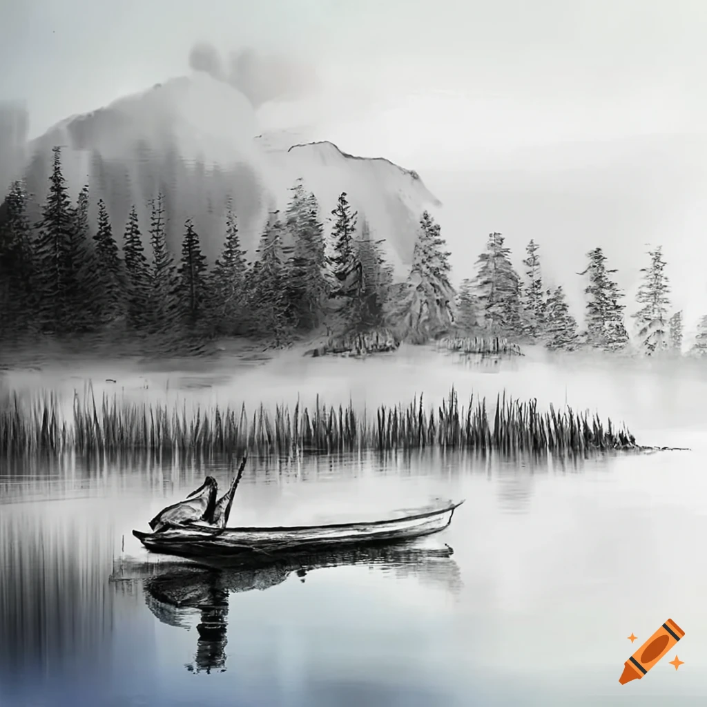 Fisherman blackbass lake nature fishing canoe trees mountains reflections  on the water sky sun calm serenity shore fishing equipment fishing rods  fishing lures boat river landscape on Craiyon