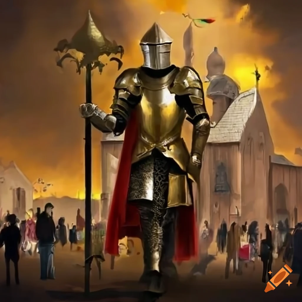 A shining knight in golden armor surrounded by a village crowd
