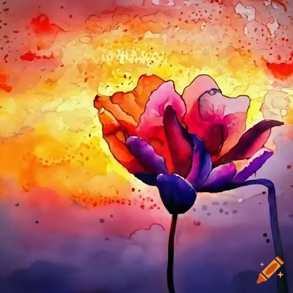 Watercolor, realistic beautiful colored flowers, sunset background