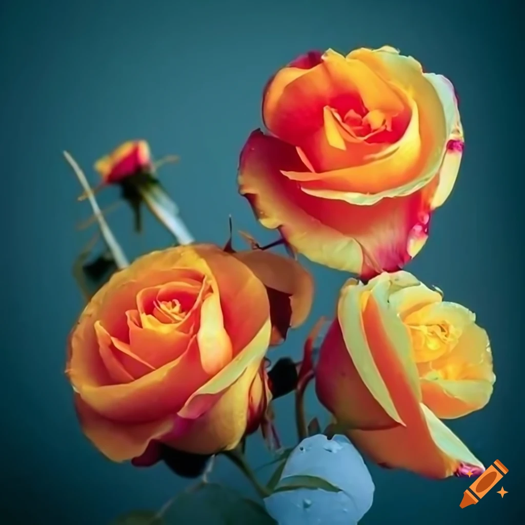 Many neon cream yellow orange black bush roses with rain drops among ...