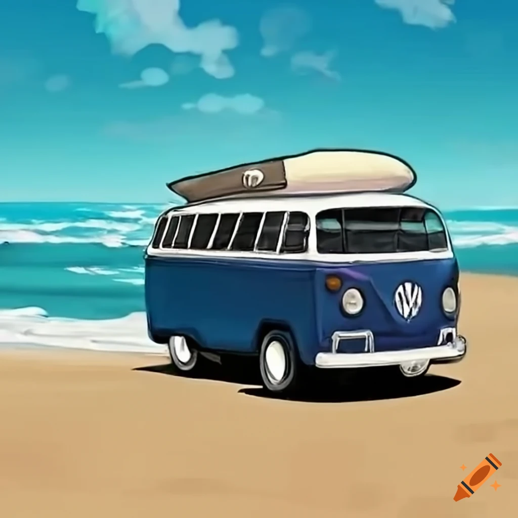 Vw bus 1977 dark blue parked at a beach with a surfborad on Craiyon