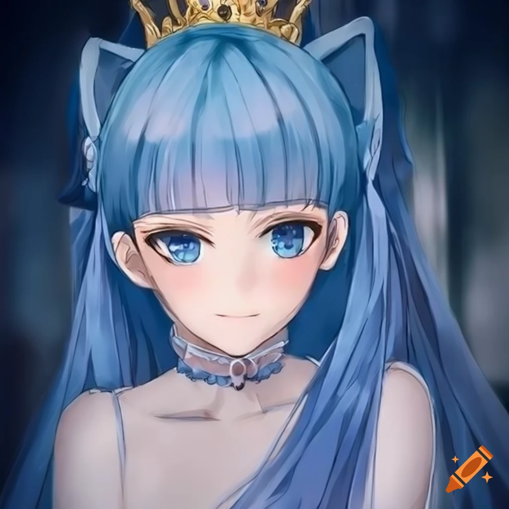 Anime Princess With Cat Ears And Gray Eyes Blue Hair Wearing Regal Clothes Detailed On Craiyon 