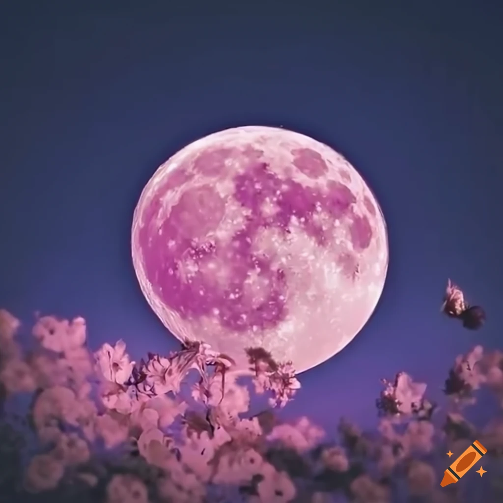 Photography of the moon but pink color, around the moon white flowers ...