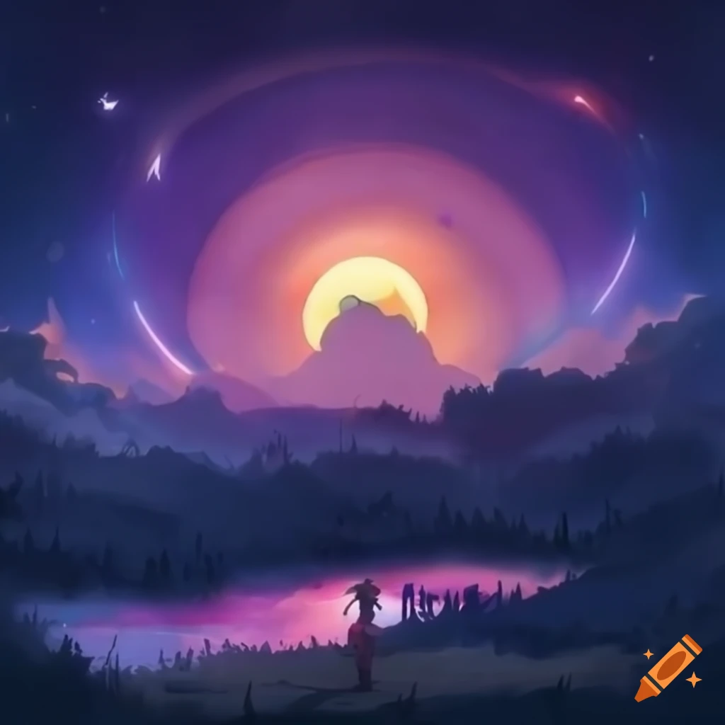 Anime landscape with meteors on Craiyon