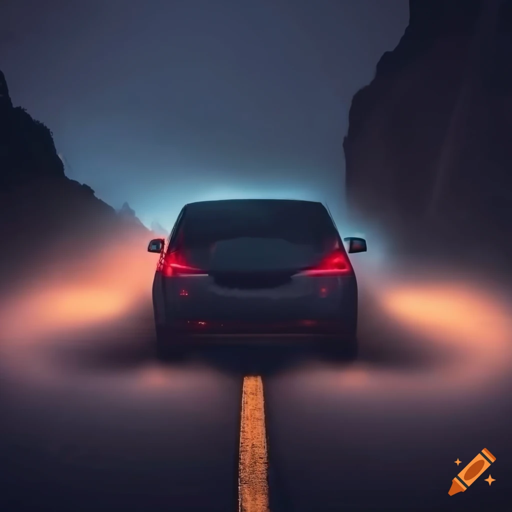 Outside View Car Rocking Car driving down a road with a rock wall in the background at night ...