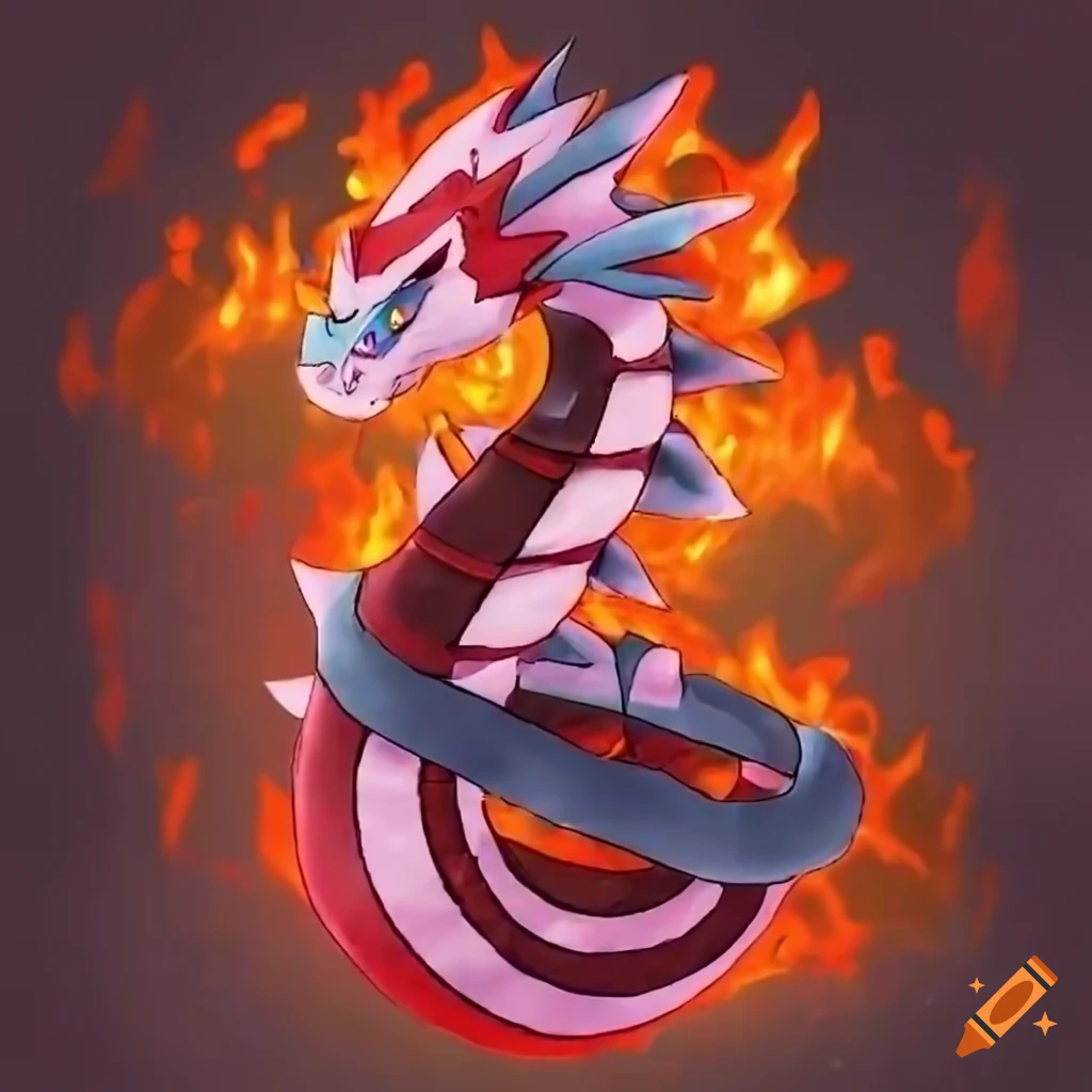 Pyrodrake: a fire/dragon-type pokémon resembling a majestic dragon engulfed  in flames. it has a serpentine body covered in fiery scales, glowing red  eyes, and large wings capable of creating scorching gusts of