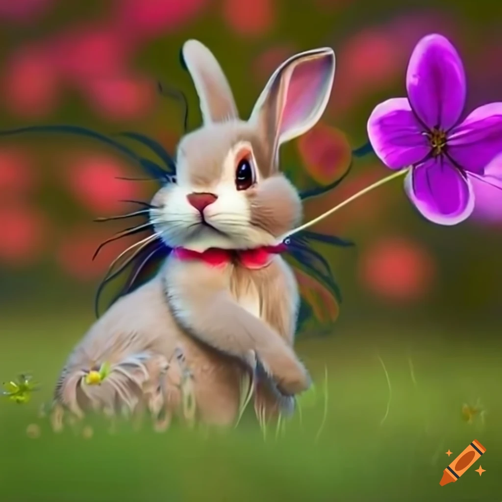 Animated bunny among vivid flowers and a fluttering butterfly on Craiyon