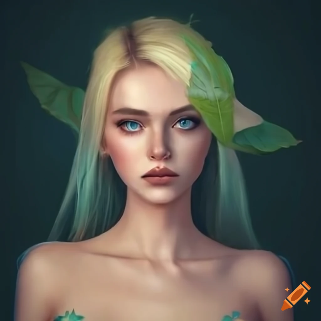 Attractive woman elfe, bright and big blue eye, blonde, hair, leaf ...