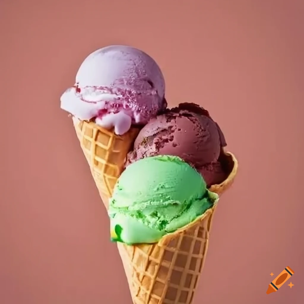 3 scoops of homemade ice cream in a cone presented very delicious on