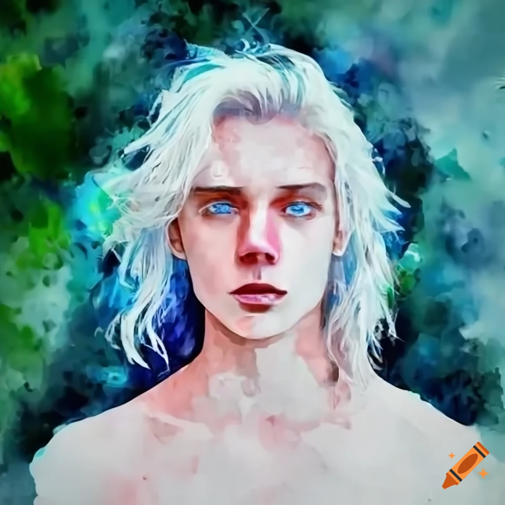 A man with long white hair and blue eyes posing outdoors on Craiyon