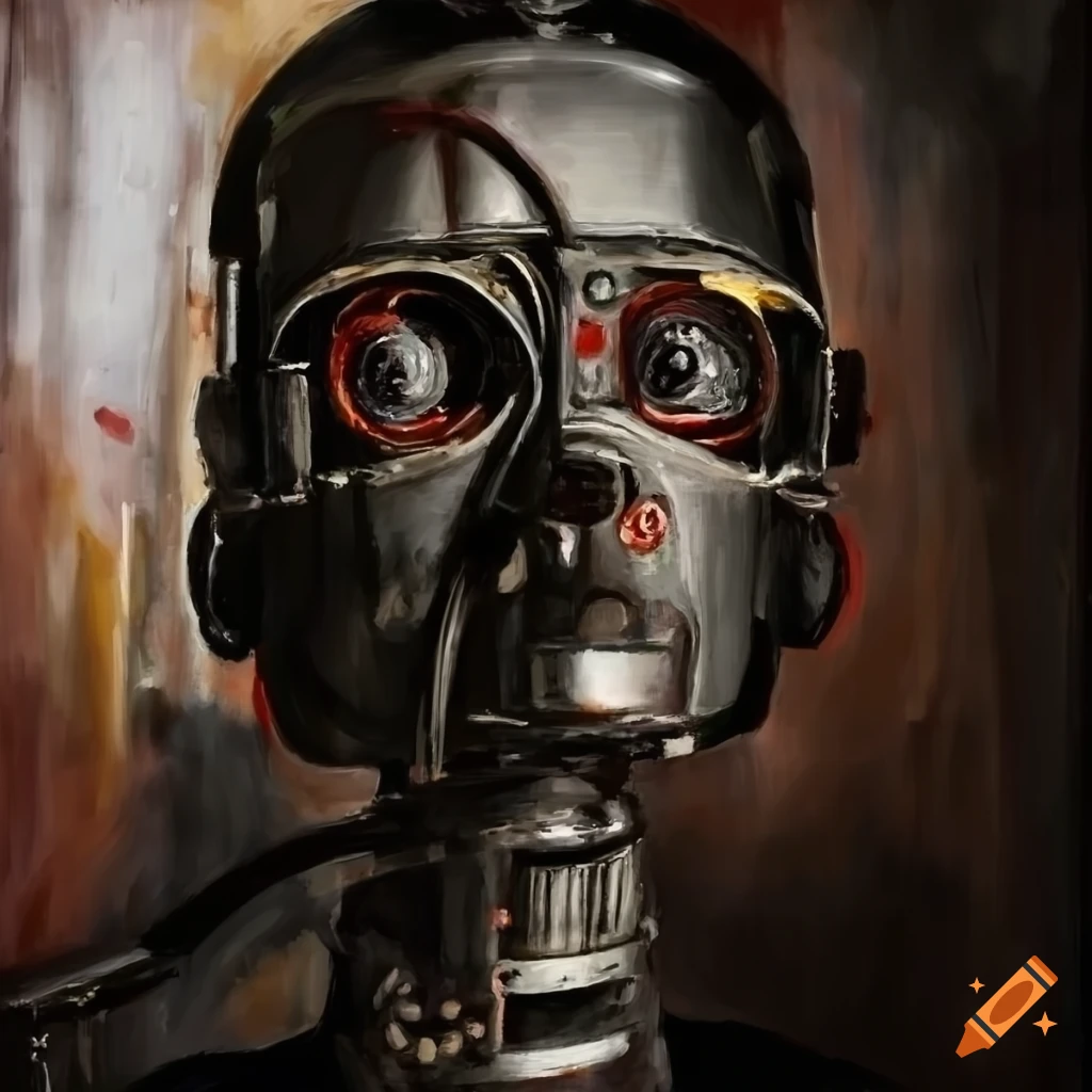 Menacing metal mechanical robot in the style of classic oil painting ...