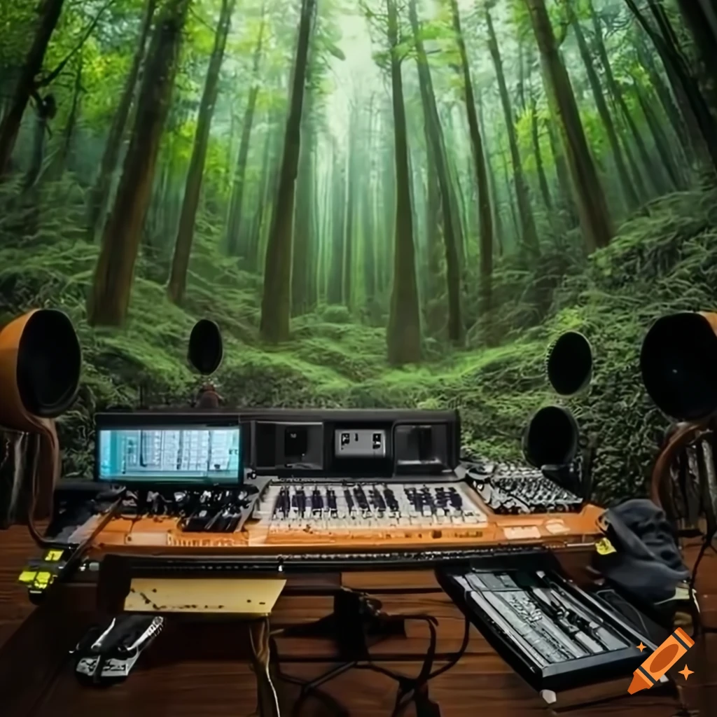 Music recording studio with acoustic recording equipment inside the