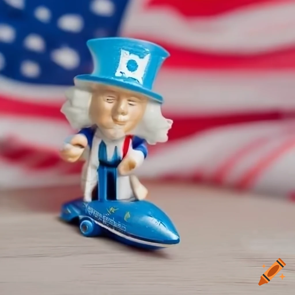 Uncle sam with a klm airplane toy with usa flag background