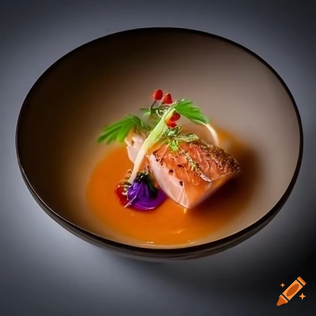 A gourmet salmon entree from a Michelin five star restaurant