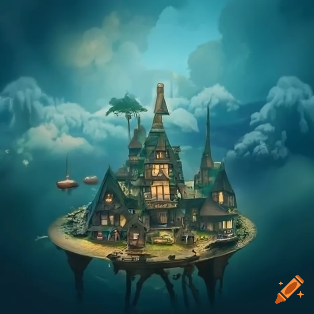 fantasy village surrounded by trees on a massive floating island in the clouds; warm colors