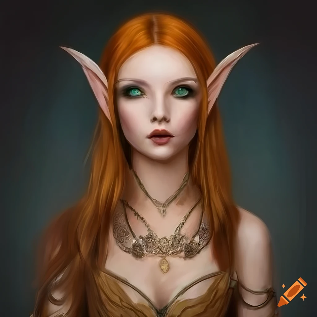 Portrait of a female wood elf with honey colored hair, fair skin and