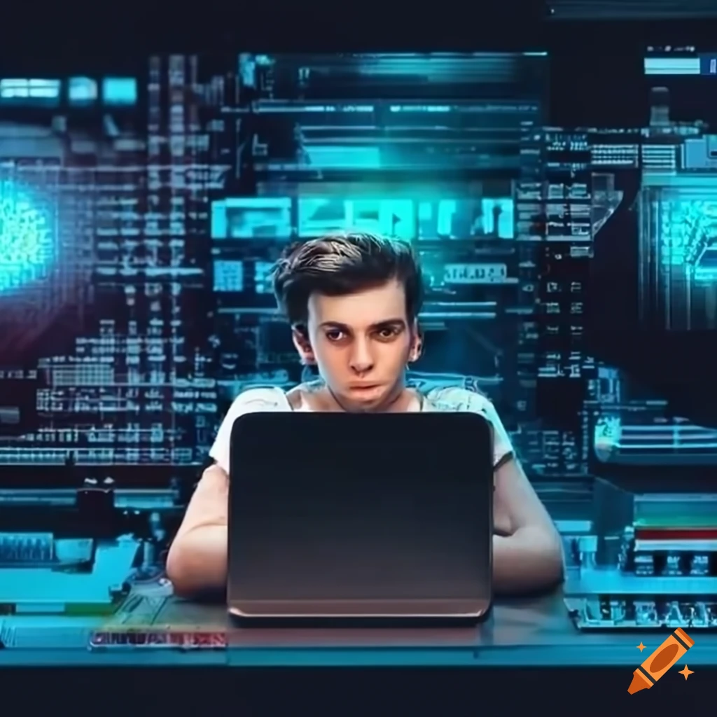 Guy sitting in front of computer programming on Craiyon