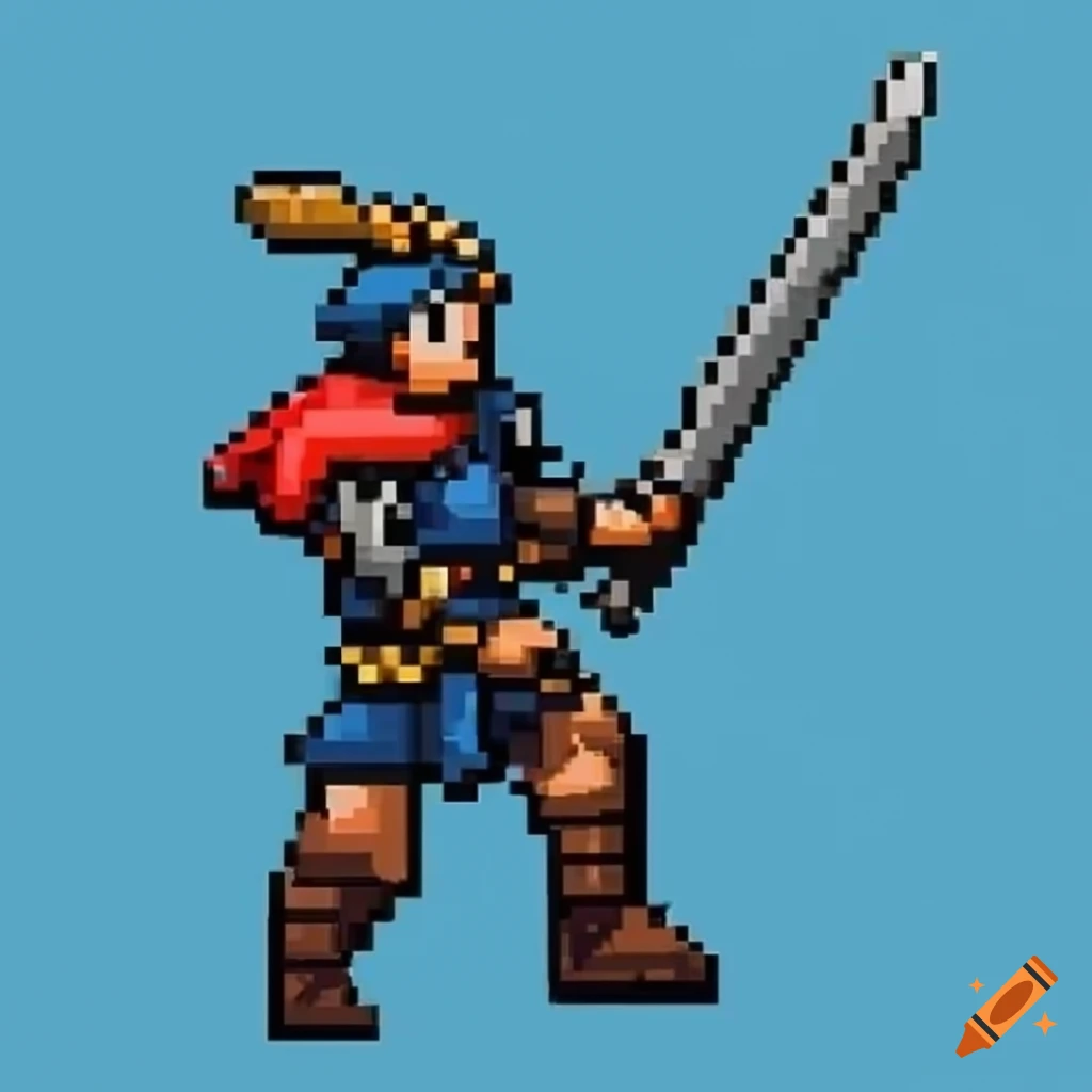 Infantry swordsman, battle stance, facing the right, 2D SNES pixel art style, blue colors