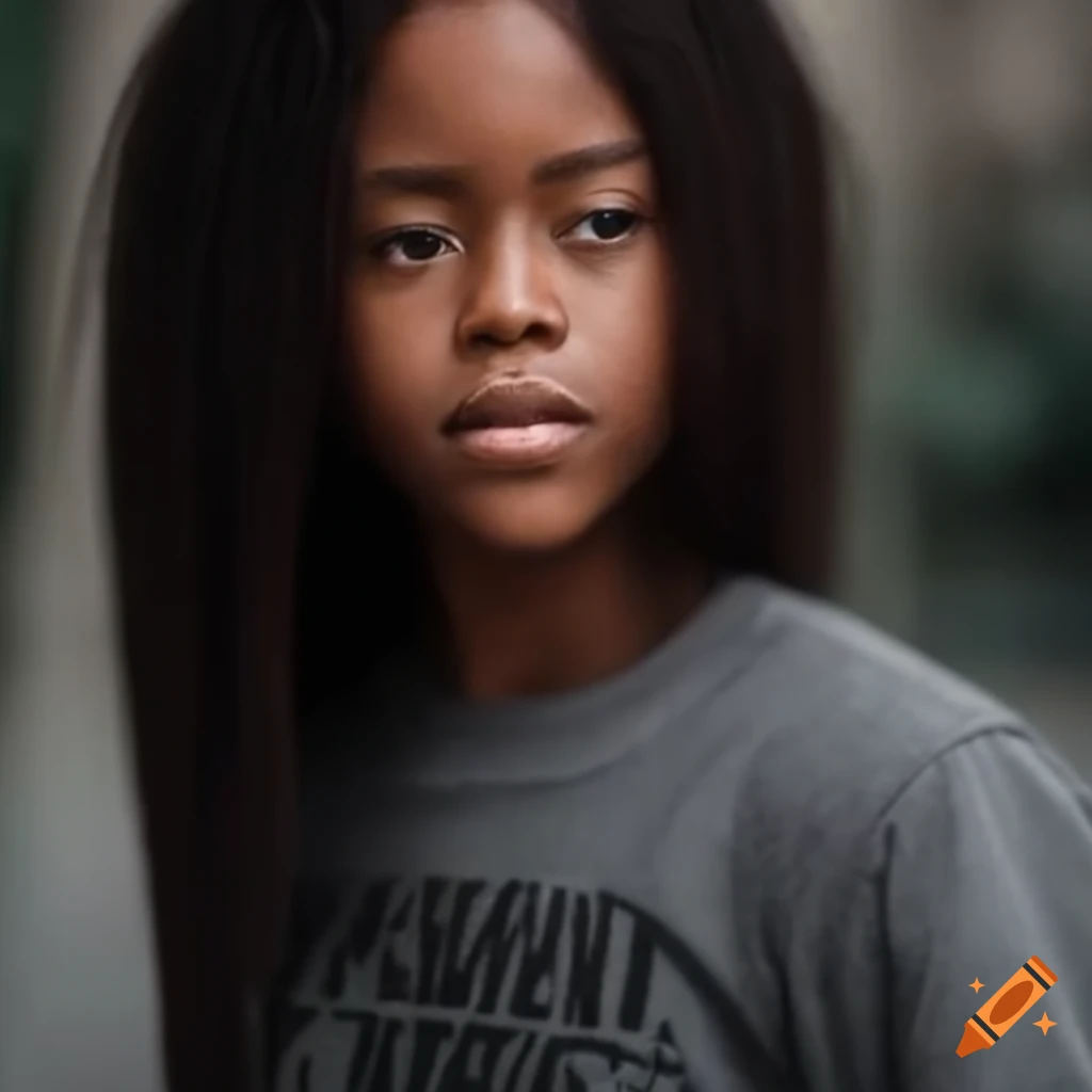 Cute black woman, 12, with straight, shoulder-length hair; wearing a star  wars tee-shirt on Craiyon