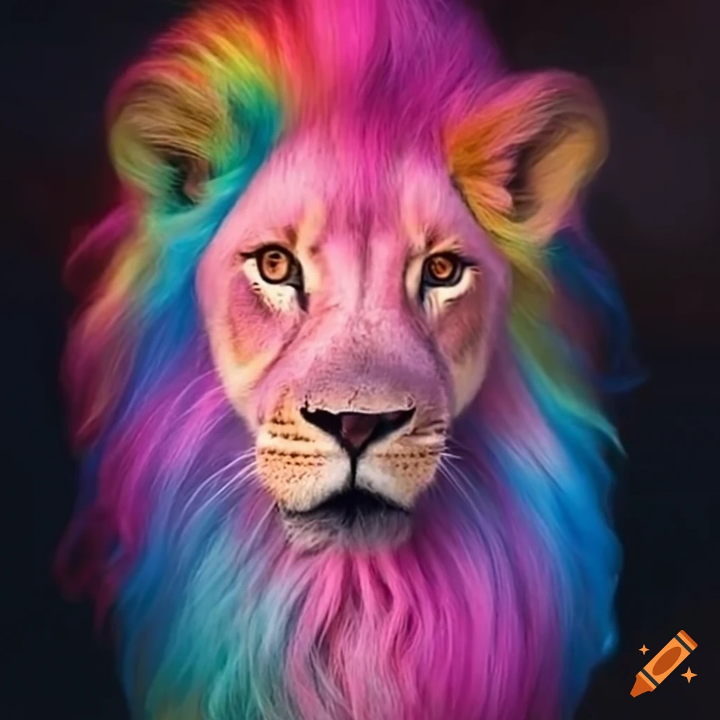 A smily lion with a cotton candy hair