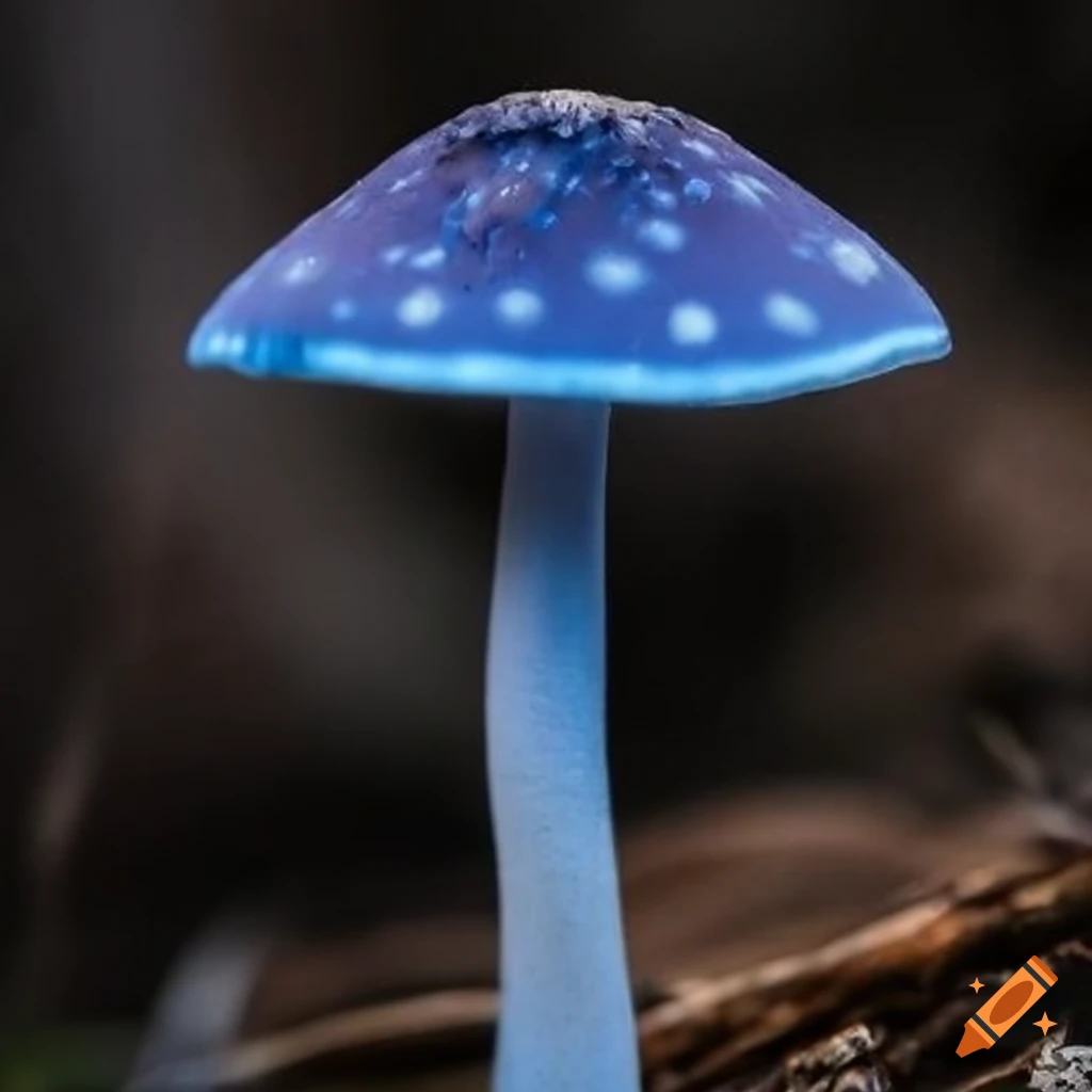 a dark blue mushroom, white 30cm stem, light blue glowing spots