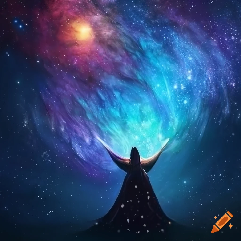 Digital art of a celestial star spirit walks in a bright fantasy landscape  with falling star fragments of various colors. it has a cloak that flows in  the soft wind. it has