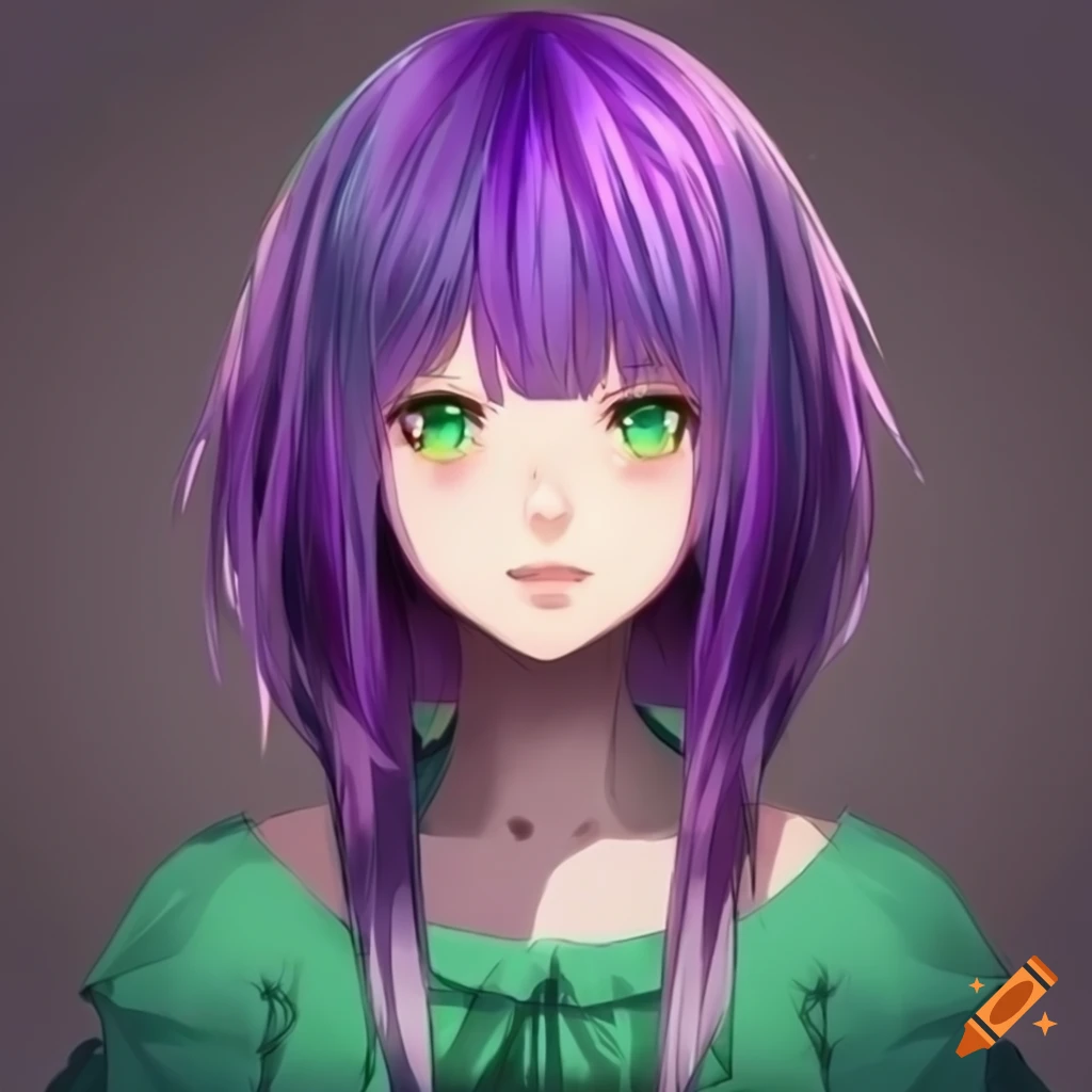 Anime girl with purple shoulder-length hair and forest green eyes on Craiyon