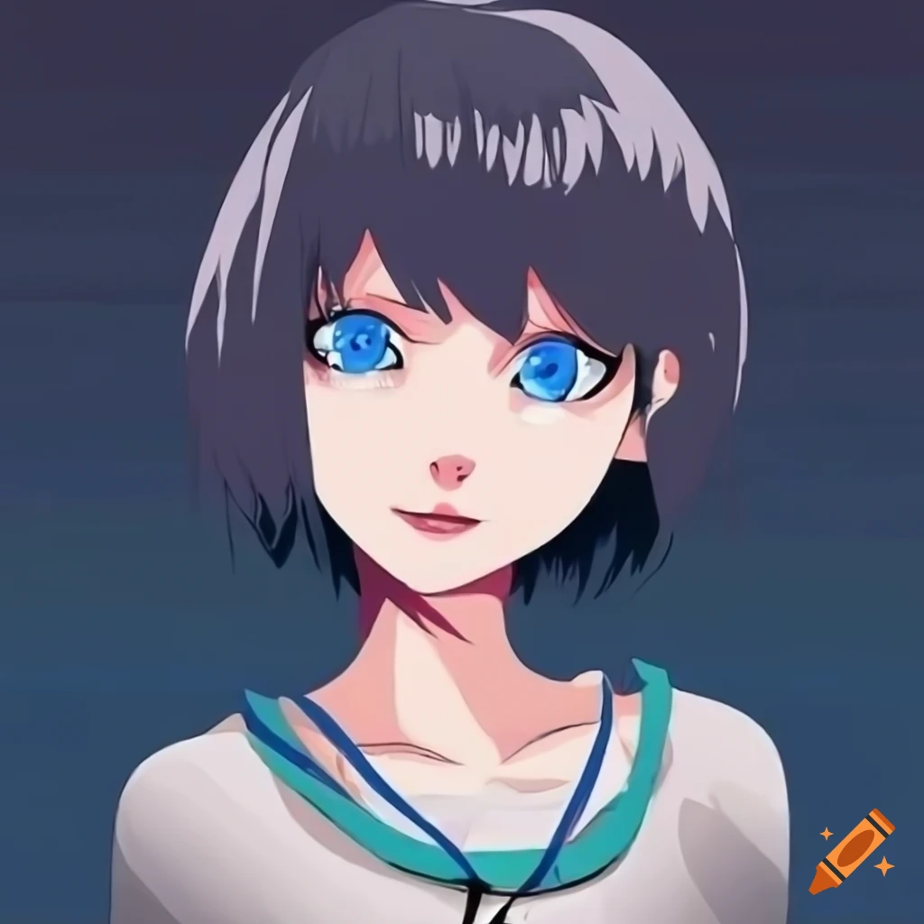 Anime girl with blue eyes and short black hair on Craiyon