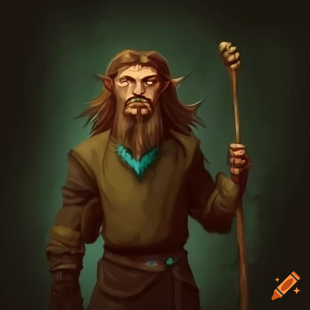Firborg druid, male, skinny, tall, holding staff, long brown hair, wild ...