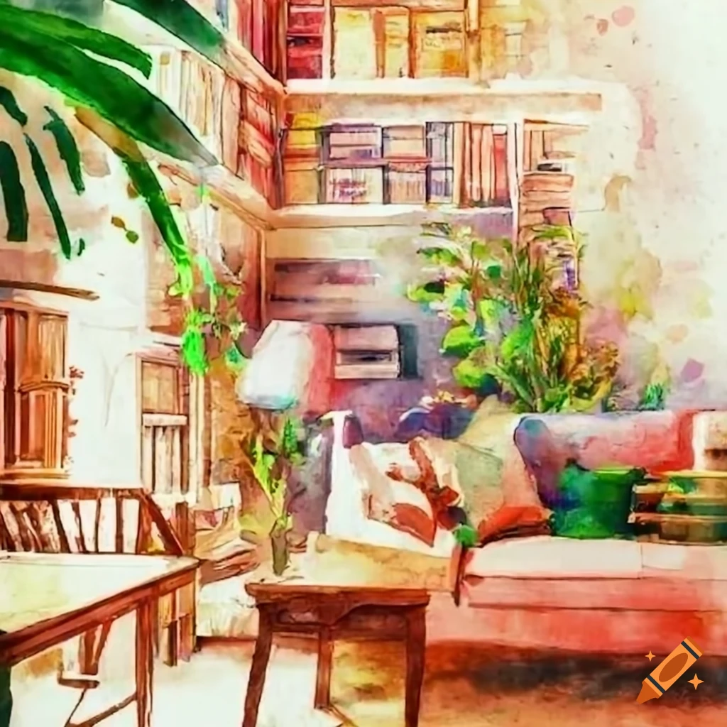 A library full of books in watercolor on Craiyon