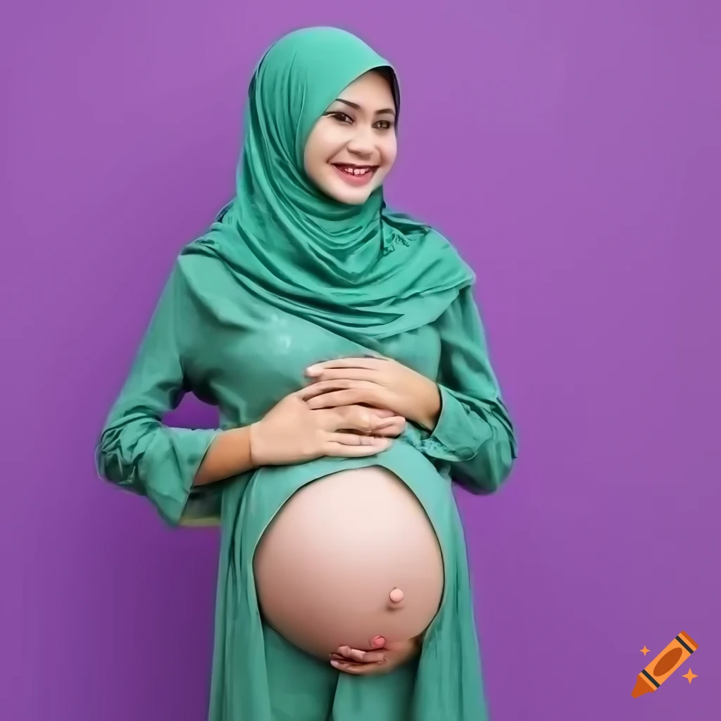 Smiling And Happy Hijab Pregnant Girl Proudly Showing Her Belly With