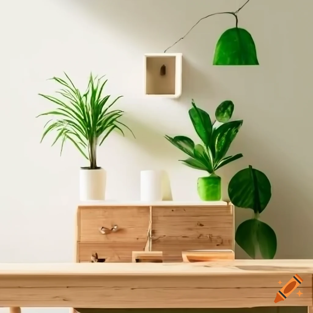 Generate a room which have plants in background aesthetic furniture and  sunlight pointing on them and some pictures on wall on Craiyon