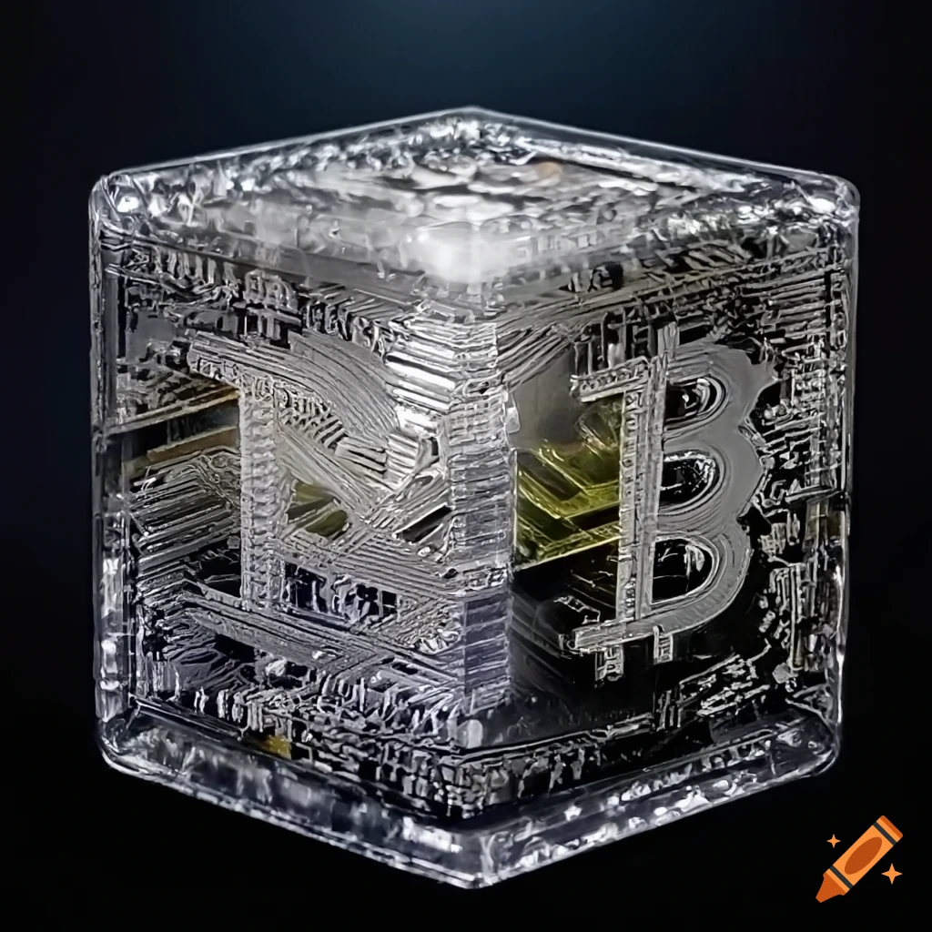 Bitcoin node a cube made of transparent plastique, with smooth edges