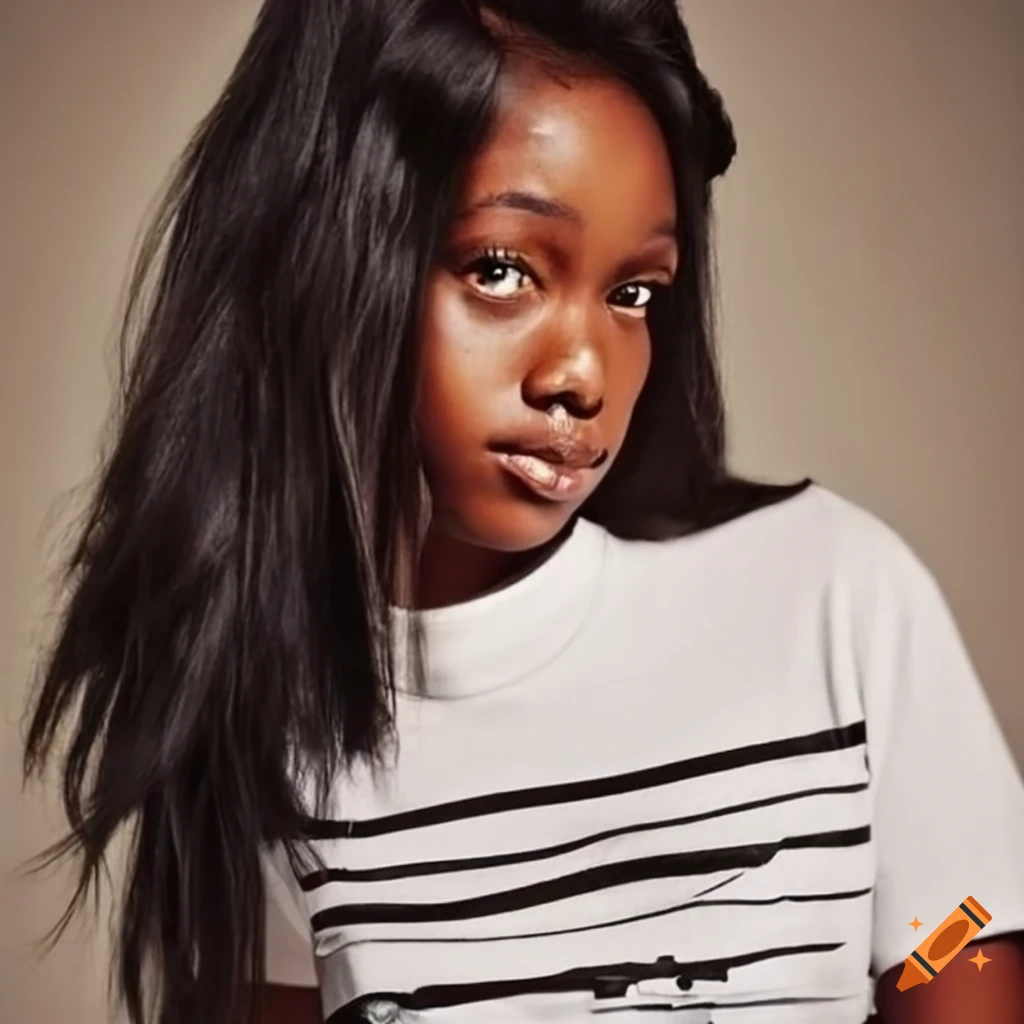 Cute black woman, 12, pinned star wars hair, Craiyon medium-length wearing with a on up; tee-shirt