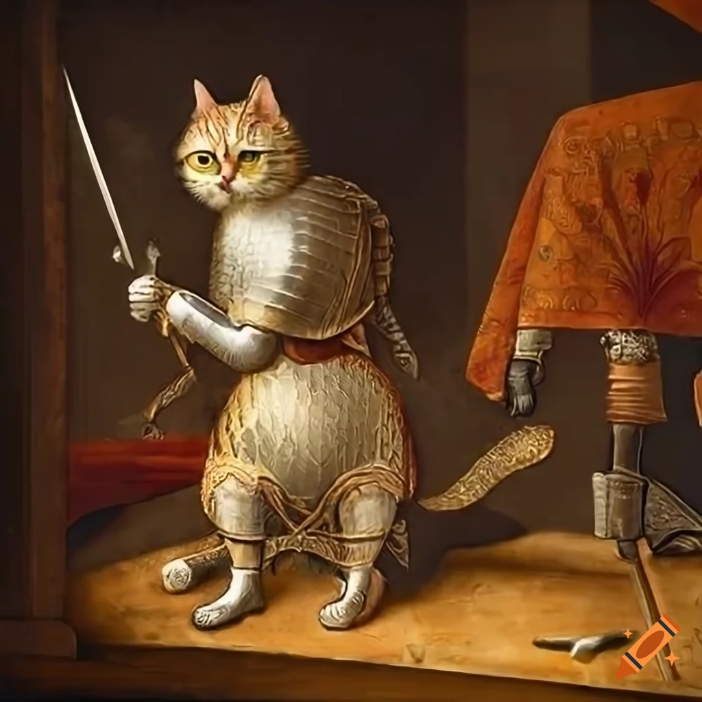 A medieval style painting of a cat in medieval armour with a sword 