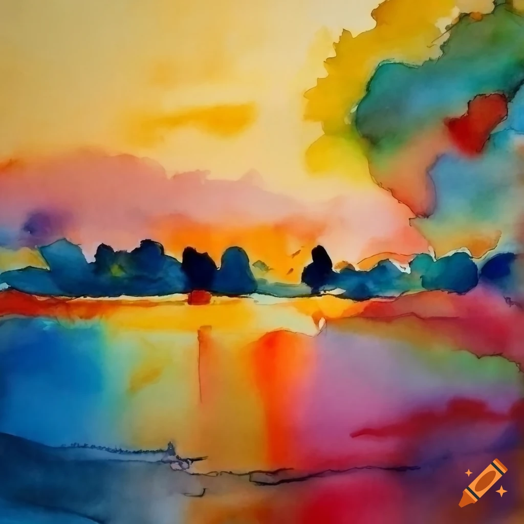 Watercolour landscape in raul dufy style, sundown, kandinsky